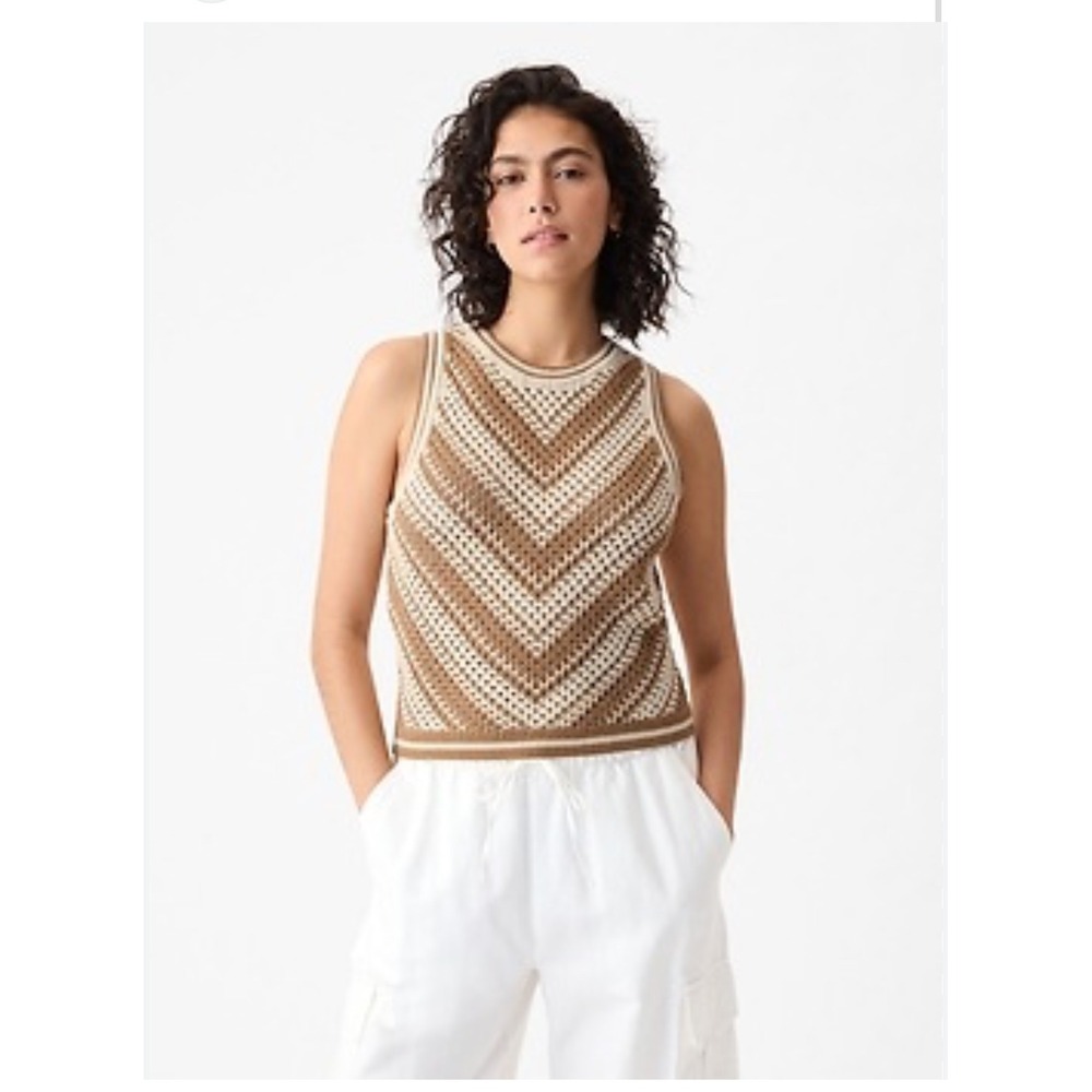 GAP‎ Crochet Knit Tank Top Chevron Pattern Sleeveless Brown Cream Summer Casual
